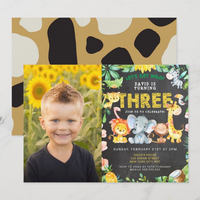 Invitación 3.ᵉʳ Fiesta de cumpleaños Safari Jungle Animals Bo (Anverso / Reverso)