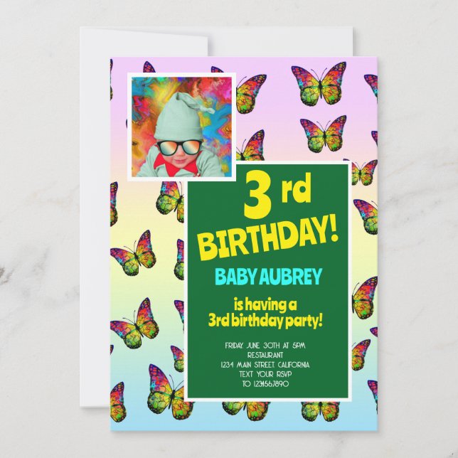 Invitación 3.ᵉʳ Fiesta de niños mariposa colorida (Anverso)