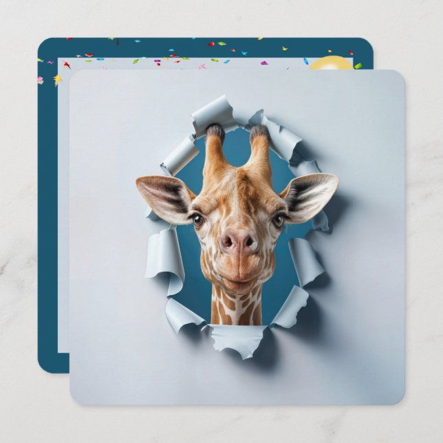 Invitación 3.ᵉʳ Fiesta Giraffe en un agujero de papel rasgado (Anverso / Reverso)