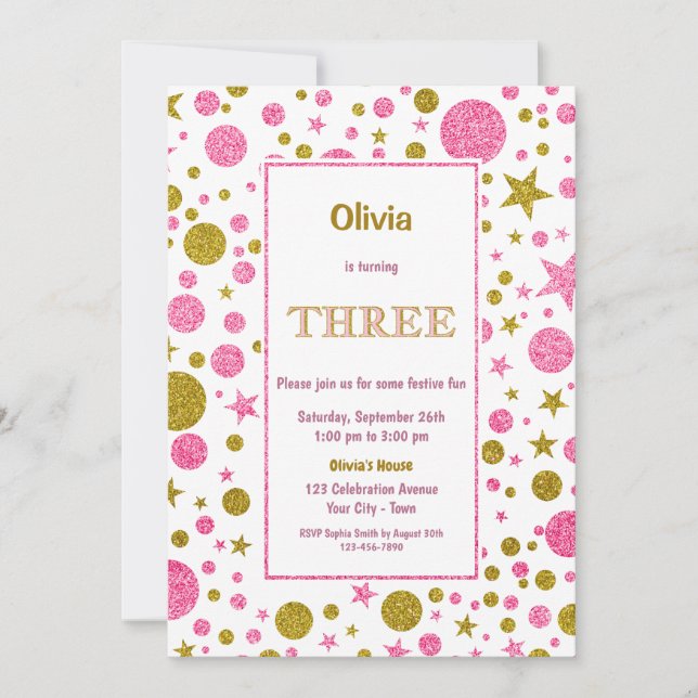 Invitación 3.ᵉʳ Purpurina de oro y rosa de cumpleaños (Anverso)