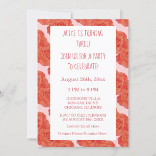 Invitación 3.ᵉʳ Tercer Cumpleaños Naranja Rosa Rosa Floral Cu