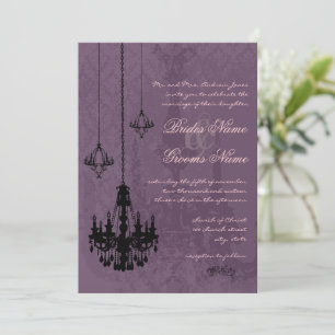 Invitación 3 Black Chandeliers Eggplant Damask Wedding
