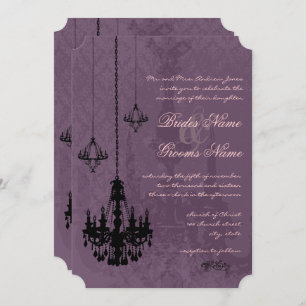 Invitación 3 Black Chandeliers Eggplant Damask Wedding