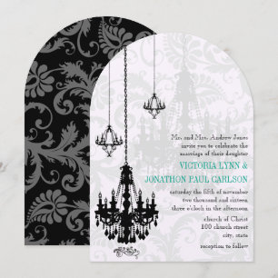 Invitación 3 Black Chandeliers Shadow Damask Wedding