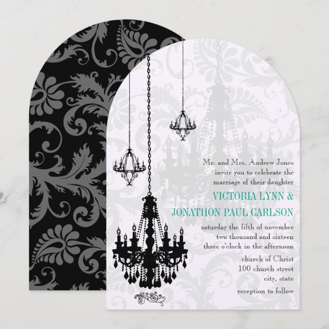 Invitación 3 Black Chandeliers Shadow Damask Wedding (Anverso / Reverso)