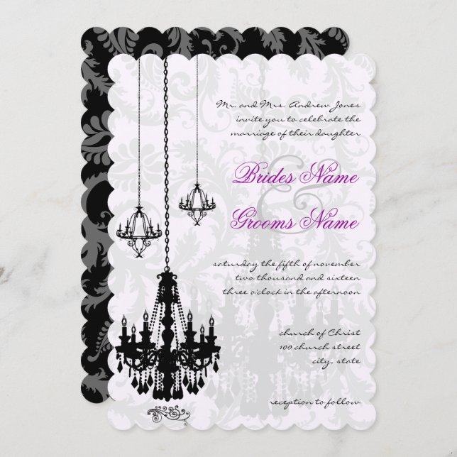 Invitación 3 Black Chandeliers Shadow Damask Wedding (Anverso / Reverso)