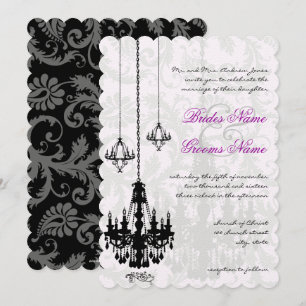 Invitación 3 Black Chandeliers Shadow Damask Wedding