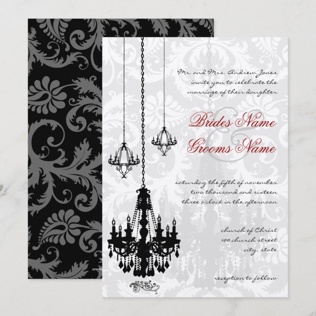 Invitación 3 Black Chandeliers Shadow Damask Wedding I (Anverso / Reverso)