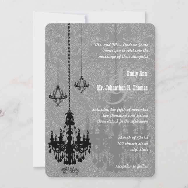 Invitación 3 Black Chandeliers Shadow Silver Metallask (Anverso)