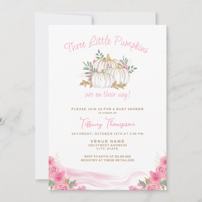 Invitación 3 calabazas en Camino Cae Chica Triplets Baby Show (Anverso)