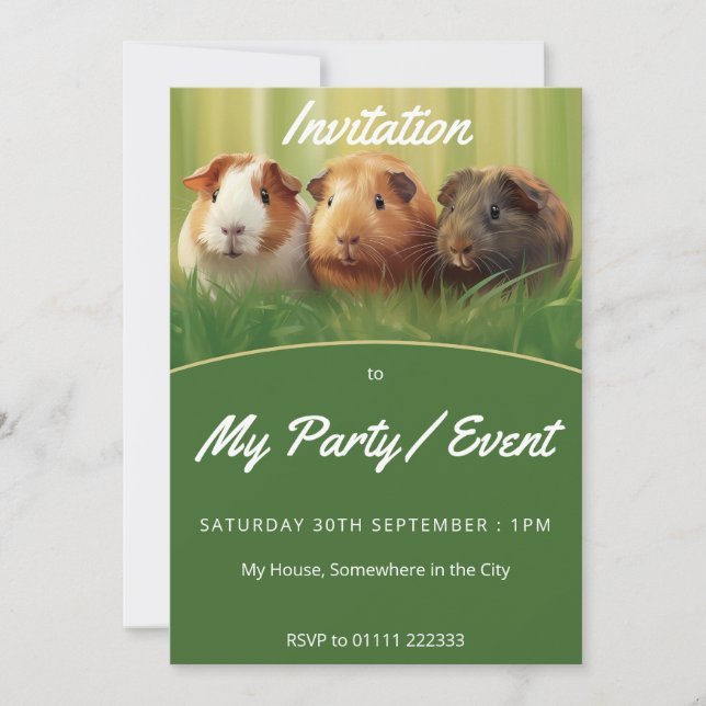 Invitación 3 cerdos de Guinea en hierba (Anverso)