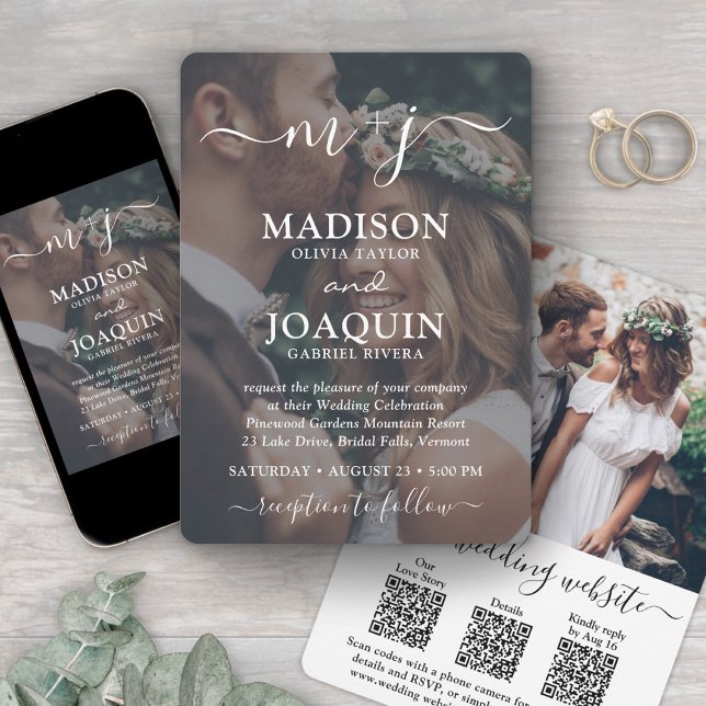 Invitación 3 Códigos QR Boda fotográfico monogramado todo en  (Subido por el creador)