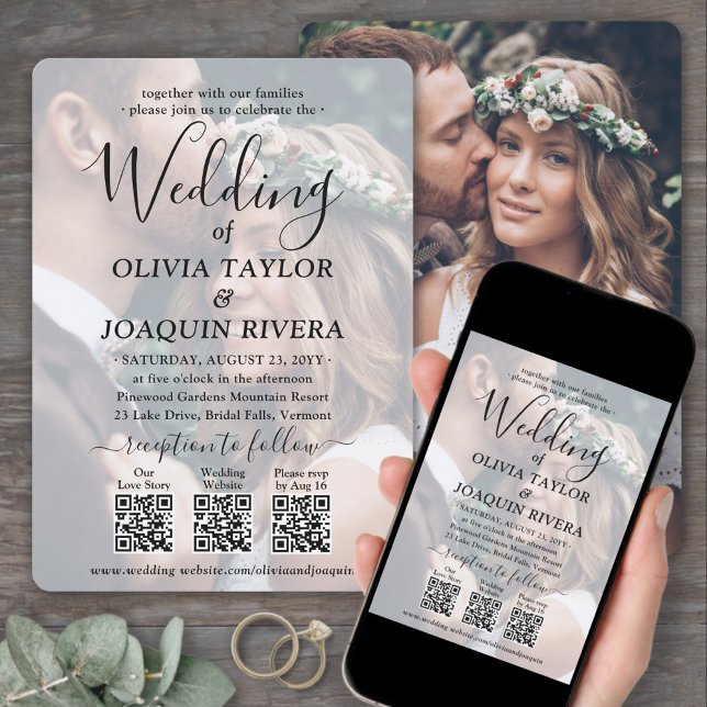 Invitación 3 códigos QR Boda moderno de superposición de foto (Subido por el creador)