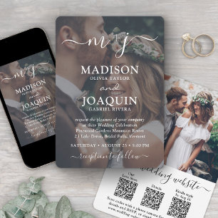 Invitación 3 Códigos QR Todo en Uno Foto de Boda Monogramada