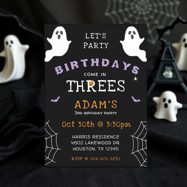 Invitación 3 cumpleaños de Halloween llega en tres fríos góti (Halloween 3rd Birthday Threes Ghost Gothic Invitation
)