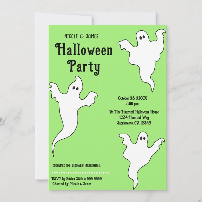 Invitación 3 Fantasmas Green Black Whimsical Halloween Party (Anverso)