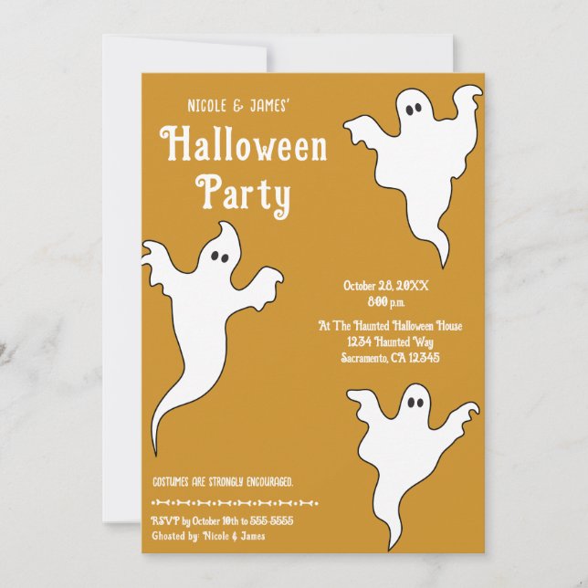 Invitación 3 Fantasmas Naranja White Whimsical Halloween Part (Anverso)