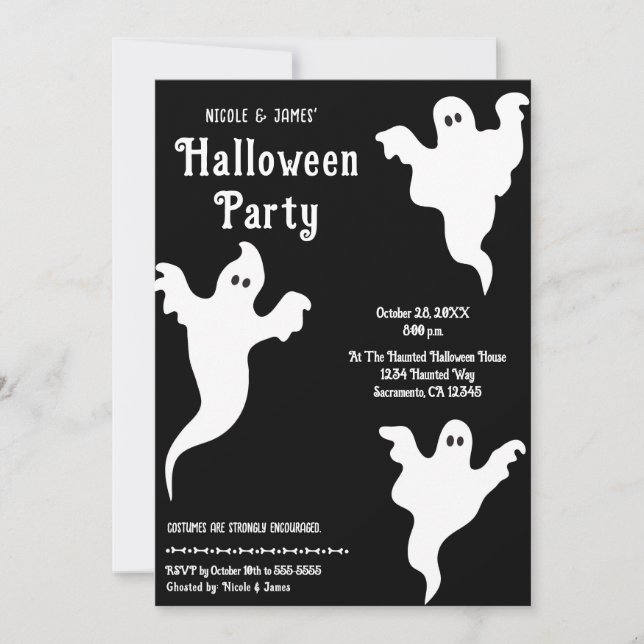 Invitación 3 Festejos de Halloween blancos y negros (Anverso)