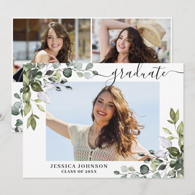 Invitación 3 Foto Eucalyptus Greenery Graduation Party (Anverso / Reverso)