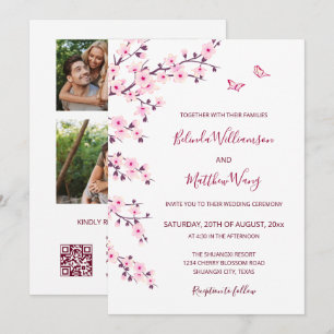 Invitación 3 Fotos Flor de Cerezo Rosa Blanca Boda