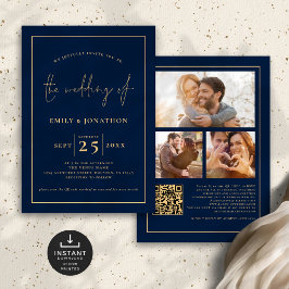 Invitación 3 Fotos Guión Línea Código QR Boda Navy Oro