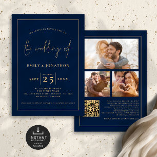 Invitación 3 Fotos Guión Línea Código QR Boda Navy Oro