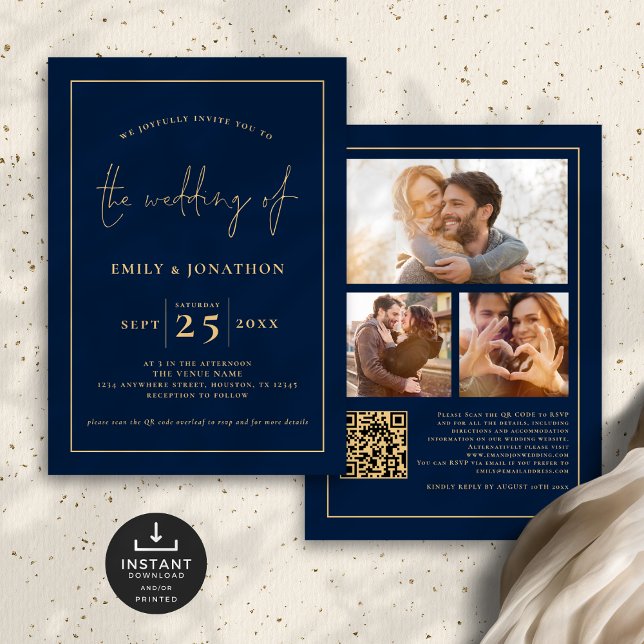 Invitación 3 Fotos Guión Línea Código QR Boda Navy Oro (Front and back)