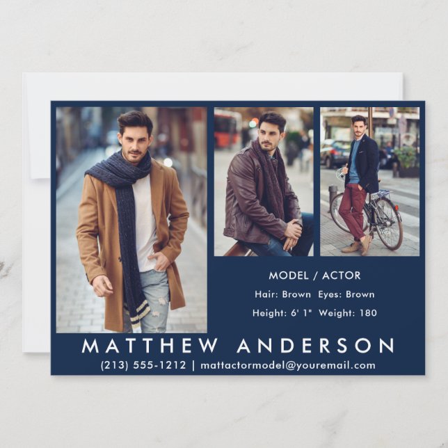 Invitación 3 Fotos Modelo Actor Comp Card Azul (Anverso)