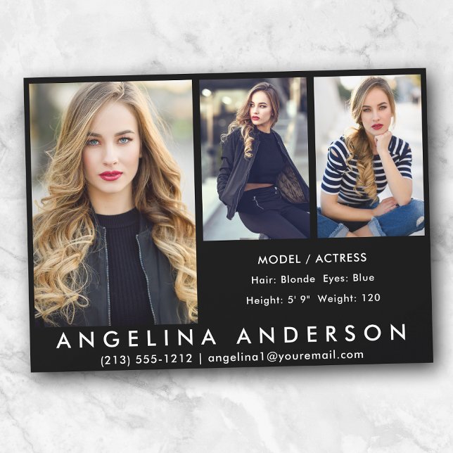Invitación 3 Fotos Modelo Actor Comp Card Blk (Customize to change background color, text size or text style.)