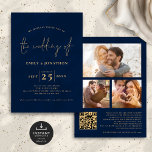 Invitación 3 Fotos Script QR Code Navy Boda Blue Gold<br><div class="desc">Minimalista 3 Fotos Guión QR Código Navy Boda de Oro Azul de la Marina. Disponible digitalmente e impreso. Clásica elegancia en marina y oro con este diseño de texto. El Boda de está en un guión elegante, y el resto de las palabras que puede personalizar fácilmente. Reemplace las tres imágenes...</div>