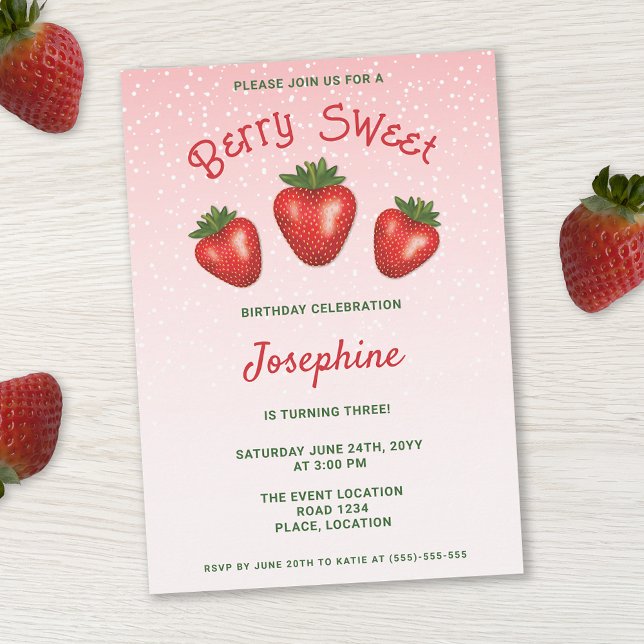 Invitación 3 Fresas Rojas En Berry Rosa Dulce Cumpleaños (Subido por el creador)