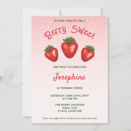 Invitación 3 Fresas Rojas En Cumpleaños Dulce de Fresa Rosa
