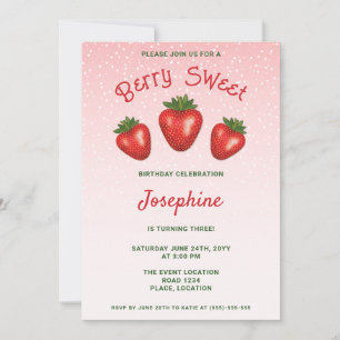 Invitación 3 Fresas Rojas En Cumpleaños Dulce de Fresa Rosa