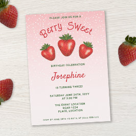 Invitación 3 Fresas Rojas en Cumpleaños Dulce y Rosado