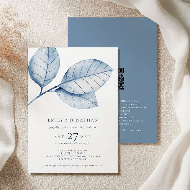 Invitación 3 Gran acuarela Duste hojas azules QR Boda (Front and back view)