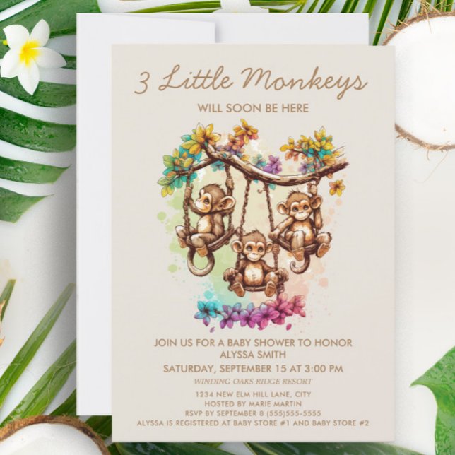 Invitación 3 Little Monkeys Triplet Baby Shower (Subido por el creador)
