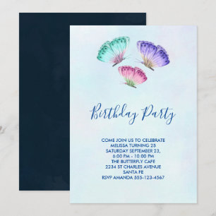 Invitación 3 Mariposas Coloridas Pastel Aquarela Cumpleaños