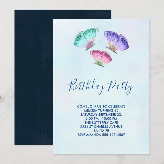 Invitación 3 Mariposas de color pastel (Anverso / Reverso)
