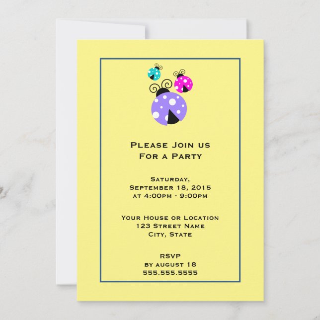 Invitación 3 Mariquitas en Rosa y Azul Violeta Fiesta Genéric (Anverso)