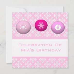 Invitación 3 Ornamentos rosados con flor de nieve