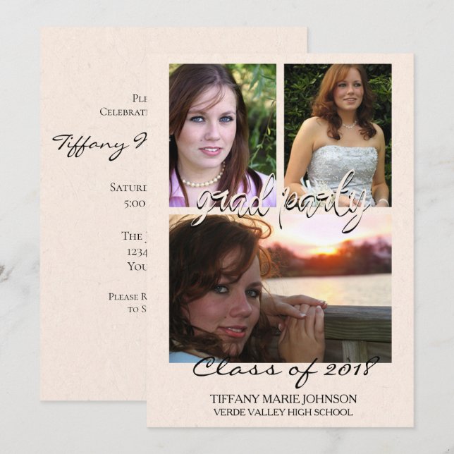 Invitación 3 Papel de arroz Faux Ecru Fiesta de foto Grad (Anverso / Reverso)