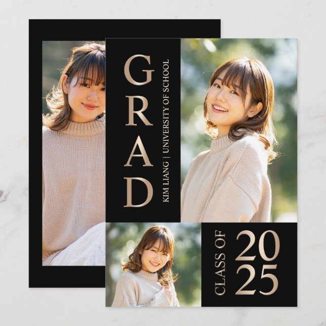 Invitación 3 Partido de Graduación de Negro y Beige Collage d (Anverso / Reverso)