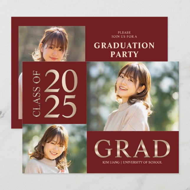 Invitación 3 Partido de Graduación Rojo y Beige Collage de fo (Anverso / Reverso)