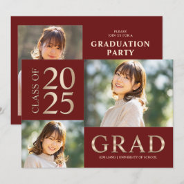 Invitación 3 Partido de Graduación Rojo y Beige Collage de fo