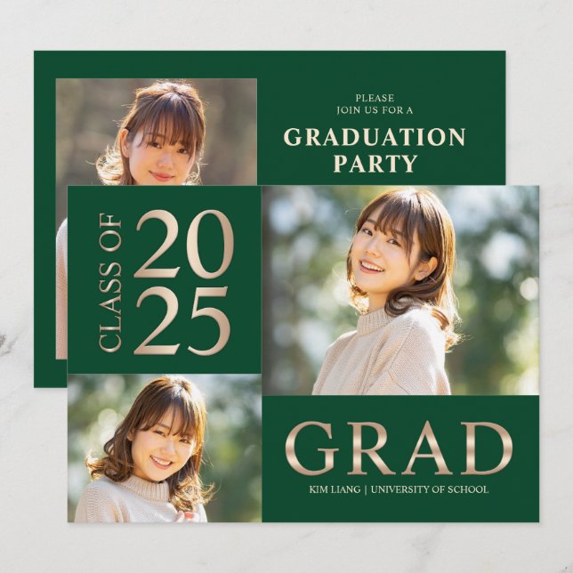 Invitación 3 Partido de Graduación Verde y Beige Collage de f (Anverso / Reverso)