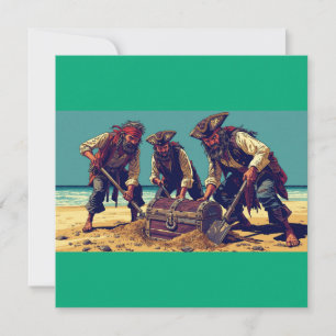 Invitación 3 piratas usando palas para enterrar un cofre en l