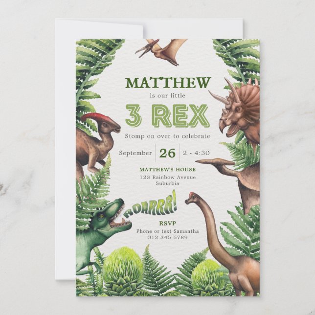 Invitación 3-Rex Acuarela T-Rex y dinosaurios Cumpleaños de n (Anverso)