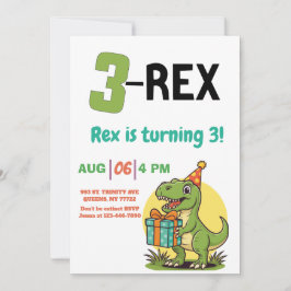 Invitación 3-Rex Dinosaur lindo cumpleaños de tres rex
