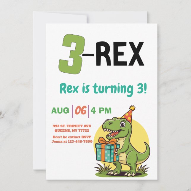 Invitación 3-Rex Dinosaur lindo cumpleaños de tres rex (Anverso)