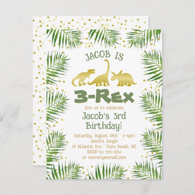 Invitación 3 Rex Dinosaurio Tropical Greenery Boy 3 cumpleaño (Anverso / Reverso)
